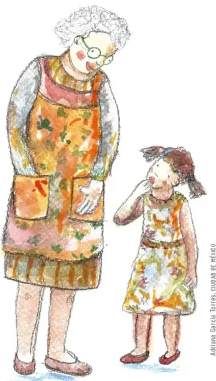 Ilustración de una abuela con delantal y una niña conversando, relacionada con la consulta a adultos de confianza.