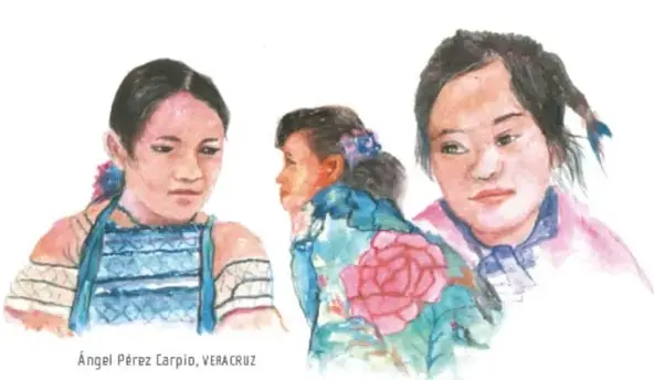 Ilustración acuarela de tres rostros de niñas con expresiones serias, de Ángel Pérez Carpio, VERACRUZ.