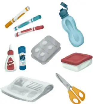 Ilustración de los materiales: plumones, tira de pastillas, pegamento, recipiente con tapa, hojas de periódico y tijeras.