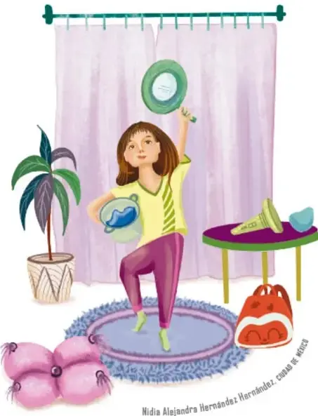 Ilustración de una niña que sostiene un prisma del cual sale un haz de luz descompuesto en colores tipo arcoíris.