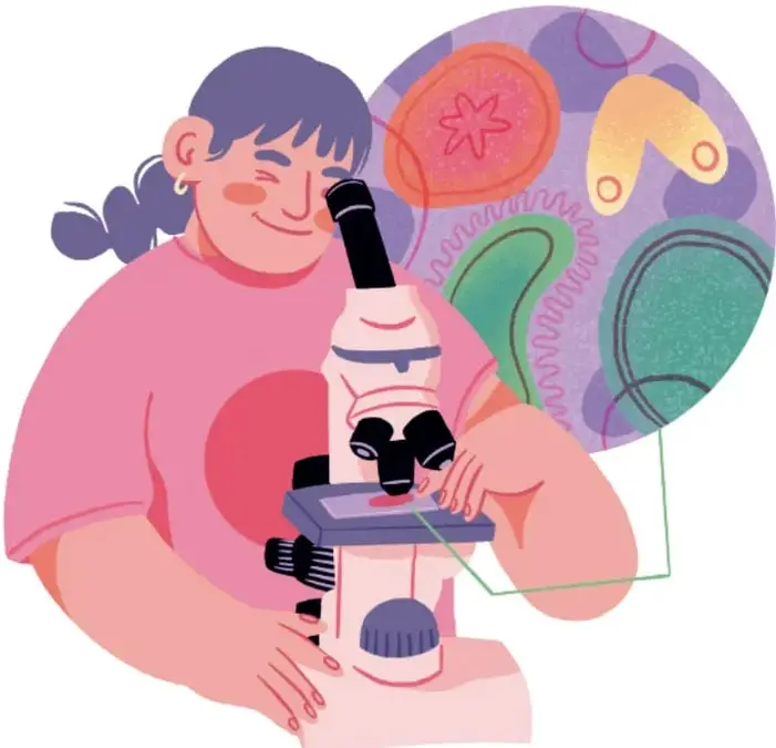 Persona sonriente observando con un microscopio; detrás se ve un círculo grande con microorganismos de colores y formas variadas, como si fueran vistos al microscopio. Ilustración de Ángela Sofía Hinojosa Reyes, Aguascalientes.