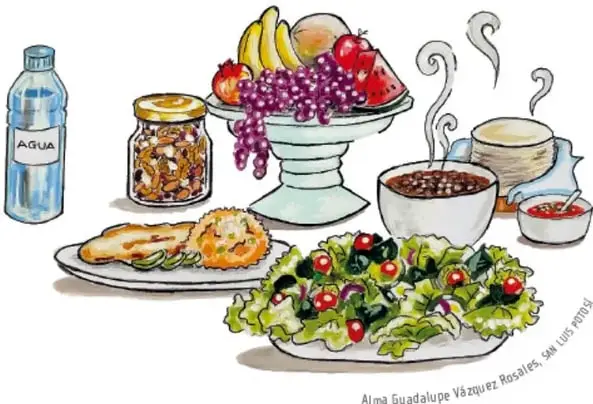 Ilustración de alimentos y bebidas para la feria: botella de agua, tarro de frutos secos, platillo de frutas en un trébol, plato de comida caliente, cuenco de ensalada, taza de bebida caliente y platos con comida preparada.