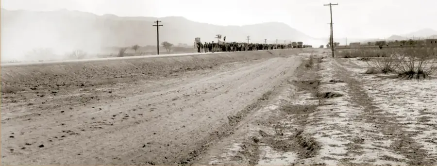 Fotografía en blanco y negro de 1951: un numeroso grupo de mineros marcha al fondo de una carretera de terracería en paisaje semiárido, con montañas lejanas, postes de telégrafo a ambos lados y matorrales en primer plano.