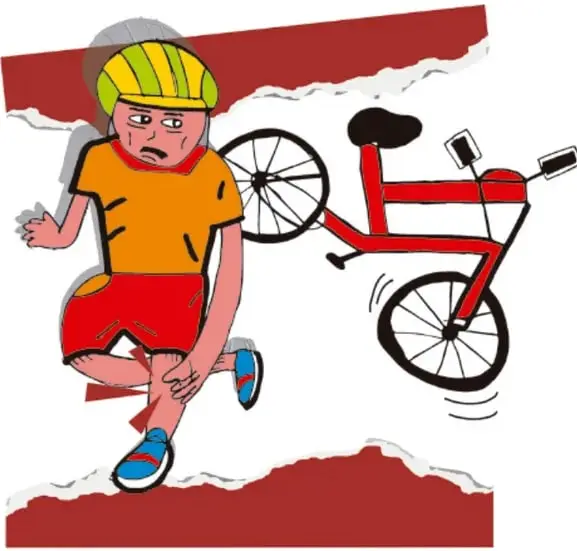 Ilustración de un niño con casco amarillo y ropa deportiva que se cayó de su bicicleta roja y se lastimó la rodilla; crédito de Ruttila Vega Rubio, Tlaxcala.