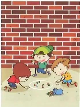 Tres niños juegan a las canicas alrededor de un círculo en el suelo.
