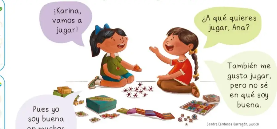 Ilustración de dos niñas sentadas en el suelo jugando con juegos de mesa, dados, lotería y piezas; globos de diálogo con las frases del diálogo; crédito Sandra Cárdenas Barragán, Jalisco.