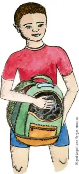 Ilustración en acuarela de un niño de camiseta roja cargando una mochila verde con objetos que sobresalen. Crédito: Miguel Ángel Luna Vargas, MORELOS.