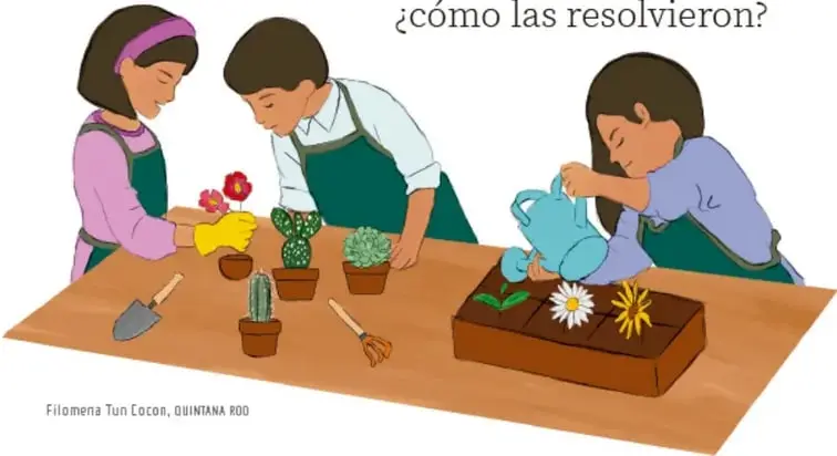 Ilustración de tres niños en mandiles trabajando en una mesa de jardinería: uno siembra flores en una cajeta, otro coloca cactus en macetas y la tercera riega plantas con una regadera; hay palas y rastrillos sobre la mesa. Crédito fotográfico: Filomena Tun Coco, Quintana Roo.