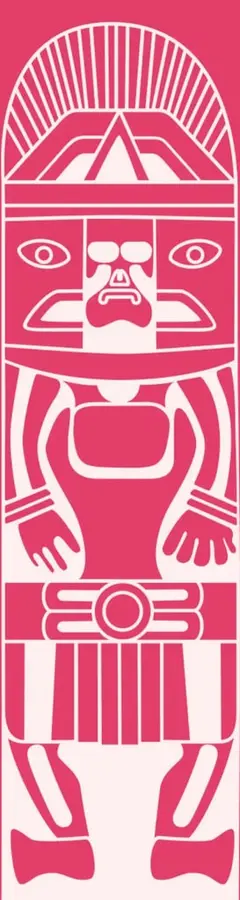 Ilustración estilo pictograma prehispánico de una figura humana simétrica con tocado radiante y ornamentos geométricos, en tonos rosa y blanco.