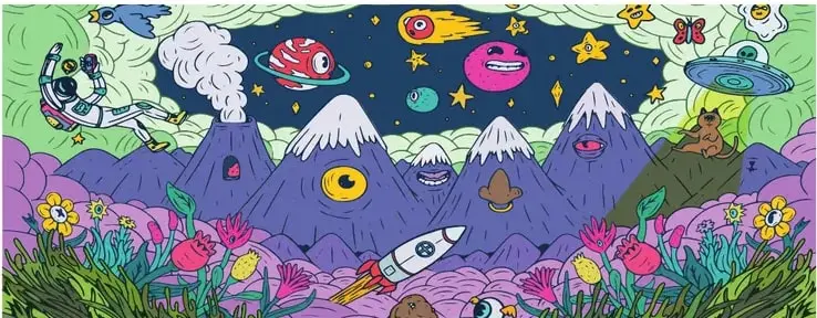 Ilustración detallada de un astronauta, montañas, cohete, planetas, OVNI y flora colorida.