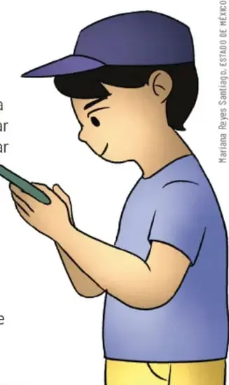 Ilustración de un niño con gorra azul y camiseta morada usando un teléfono celular.
