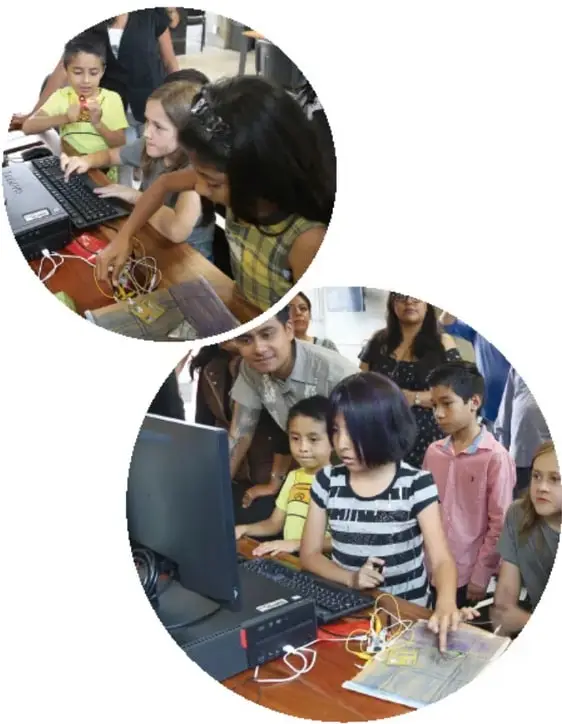 Fotografía circular de niñas y niños trabajando con cables y una laptop en una actividad escolar.