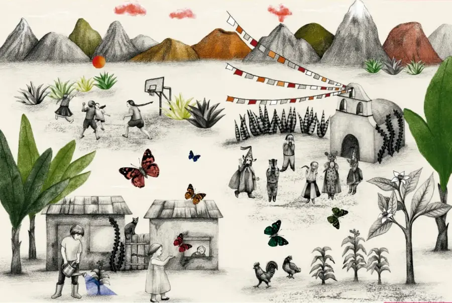 Ilustración de una comunidad rural con montañas, un templo, casas, personas, animales, plantas y mariposas; incluye una cancha de básquetbol y papel picado.