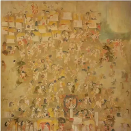 Reproducción de un mural o pintura antigua muy deteriorada, con numerosas figuras humanas en escena colectiva, representando manifestaciones culturales del pasado