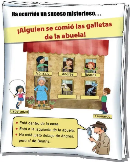 Portada de la revista del colegio: 'Ha ocurrido un suceso misterioso… ¡Alguien se comió las galletas de la abuela!'. Se ve una casa con tres ventanas arriba (Gonzalo, Andrés, Beatriz), dos ventanas abajo (un perro y un gato), la abuela en la puerta, y fuera de la casa Esperanza y el detective Leonardo con una lupa que muestra las tres pistas.