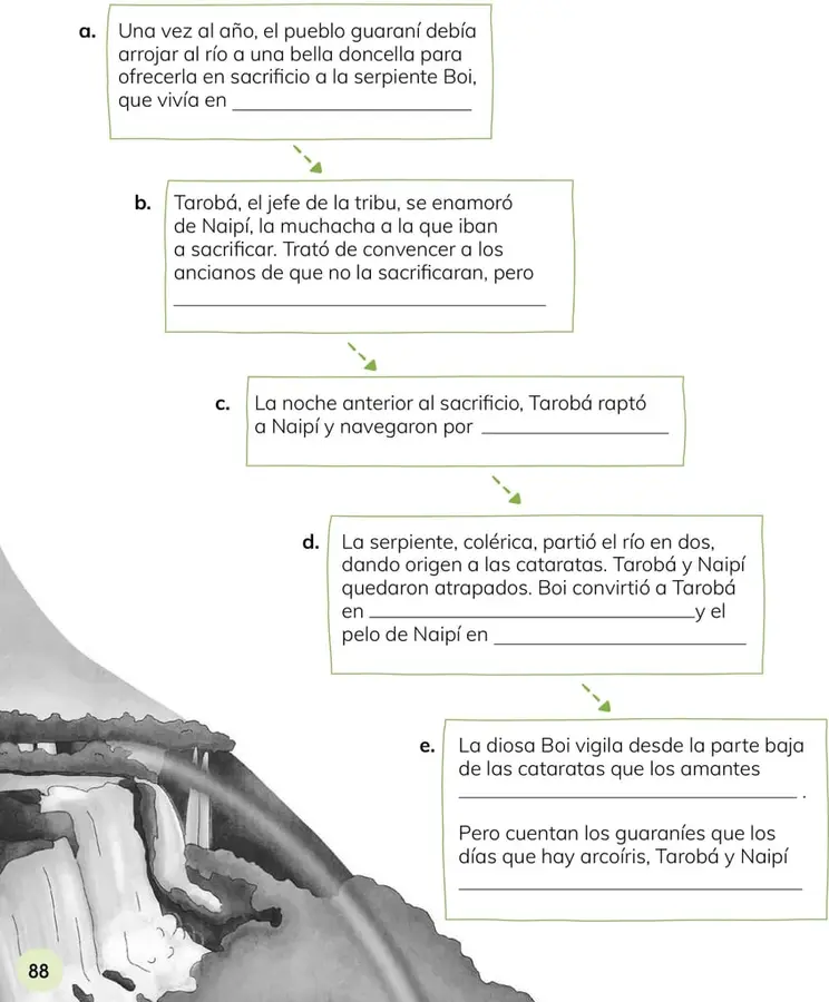 Ilustración en blanco y negro de las cataratas del Iguazú con vegetación selvática y caída de agua.