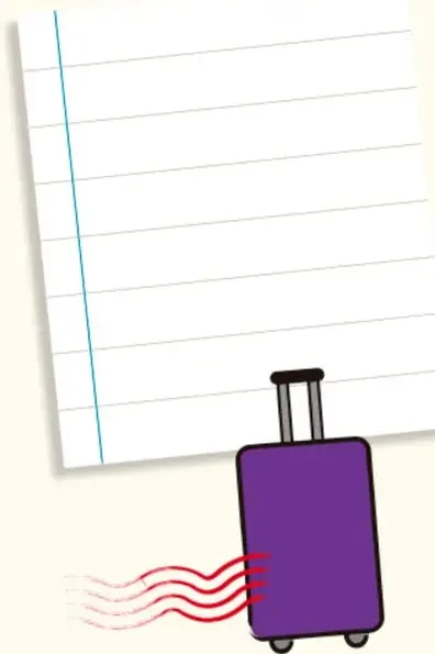 Ilustración de una hoja de cuaderno rayada y una maleta morada con ruedas, junto a líneas rojas de movimiento.