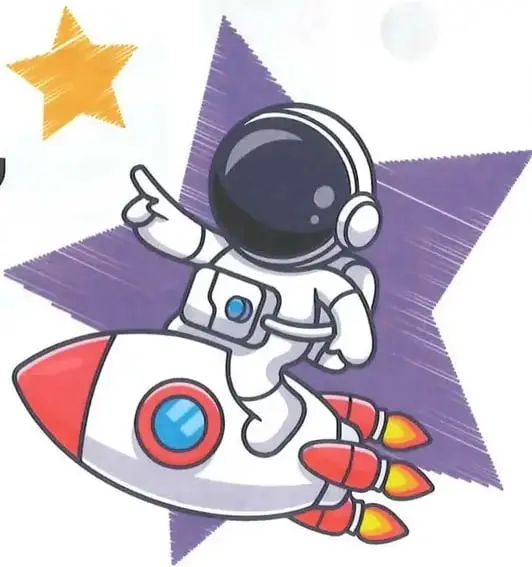 Ilustración de una persona astronauta sobre un cohete, acompañada de estrellas y figuras espaciales.