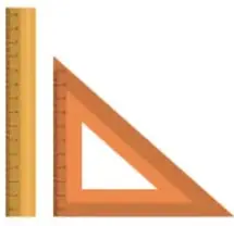 Instrumentos geométricos: regla, escuadra, compás y transportador amarillo.