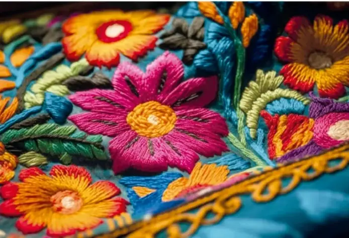 Fotografía de un bordado tradicional con flores multicolores (rojo, rosa, amarillo, naranja) sobre fondo turquesa, con hojas verdes y ribete dorado, propio del textil artesanal mexicano.