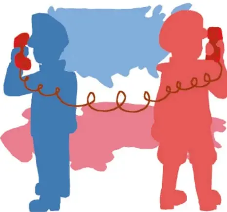 Ilustración de dos siluetas infantiles (una azul y otra roja) comunicándose con un lata-teléfono, sobre un mapa que sugiere el mundo bipolar. Crédito: Damián Caballero, Nuevo León.