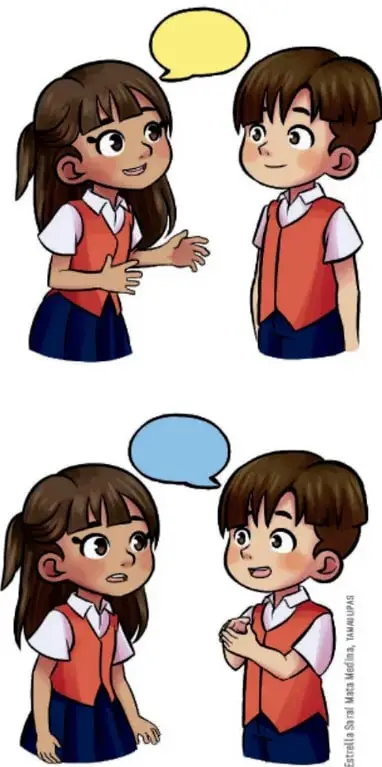 Ilustración de una niña y un niño conversando, con globos de diálogo, representando el trabajo en comunidad.