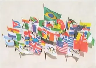Imagen decorativa con banderas de varios países y símbolos relacionados con los Juegos Olímpicos.