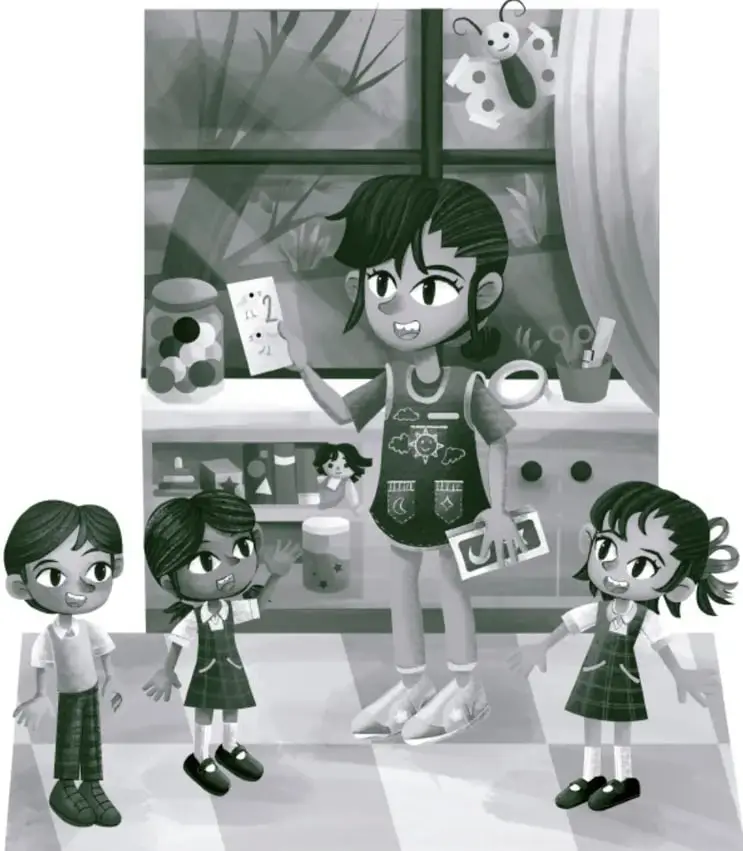 Ilustración de una niña frente a un estante con frascos y materiales, sosteniendo una hoja con el número 2. Tres niños y niñas la observan. Ambiente escolar o comunitario.