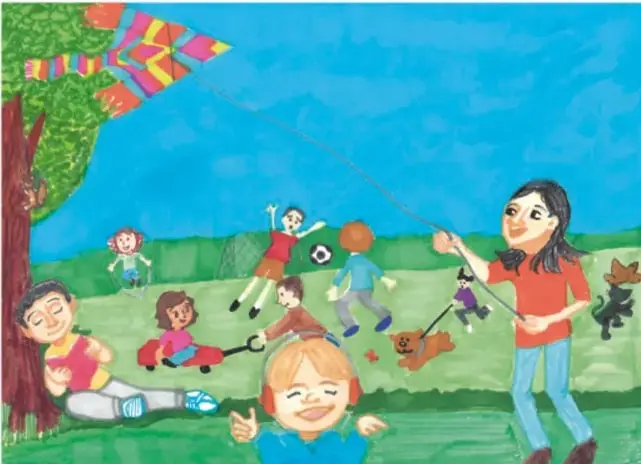 Ilustración de niños jugando al aire libre en un parque con una cometa, un perro y una niña; obra de Nohemi Santibañez López, Ciudad de México.