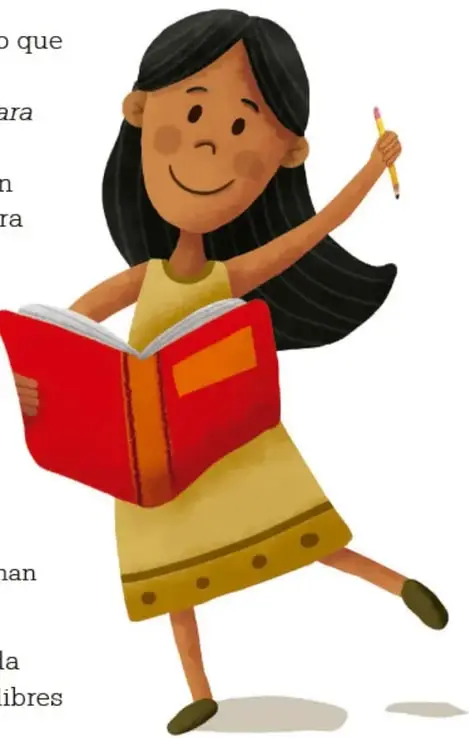 Ilustración de una niña de cabello largo sosteniendo un libro rojo y un lápiz, con actitud alegre.