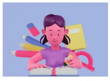 Niña escribiendo en un libro abierto, rodeada de lápices de colores, goma de borrar, regla.