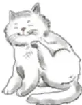 Ilustración de un gato blanco sentado, con la cola levantada.