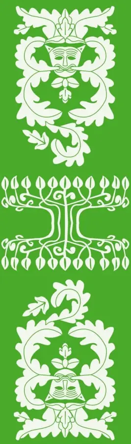 Franja verde con tres ornamentos folclóricos en blanco: dos figuras vegetales estilizadas con máscaras y un árbol con raíces y hojas en el centro.