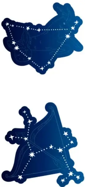 Dos siluetas azules con estrellas unidas: arriba un cisne (o ave volando) y abajo el Cazador con escudo y maza.