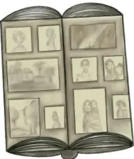 Libro abierto con varias fotografías antiguas pegadas en sus páginas, como una muestra documental.