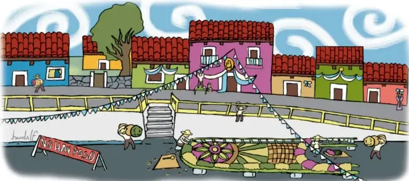 Ilustración de una calle con casas de colores, papel picado, un letrero de 'NO HAY PASO', una carreta decorada y personas trabajando en una obra. Crédito: Julio César Banda Tecalco, Veracruz.