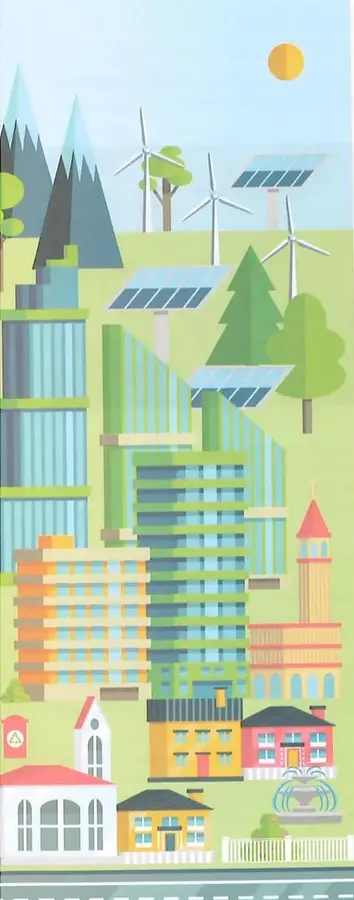 Ilustración de una ciudad con edificios de diferentes tamaños, áreas verdes, árboles, paneles solares, aerogeneradores y vías.