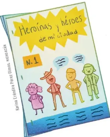 Ilustración de un álbum titulado 'Heroínas y héroes de mi ciudad' con dibujos de personas y el número 1.