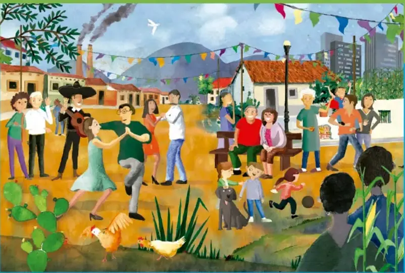 Ilustración de una escena comunitaria mexicana: personas jóvenes y adultas bailando, niños jugando con un perro, gallinas, plantas de nopal y maíz, casas de colores, banderines festivos, montañas y un volcán al fondo, palomas blancas en el cielo.