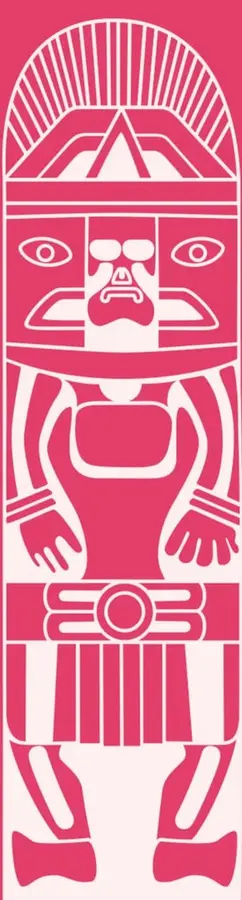 Ilustración estilizada en rosa mexicano de una figura mexica: tocado radial, rostro con orejeras y nariguera, brazos con ajorcas, cinturón con anillo central y faldellín con grecas verticales.