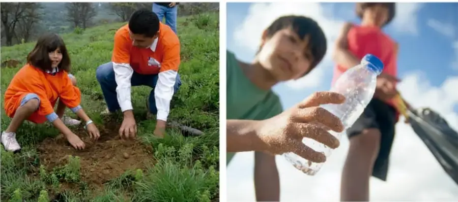 Dos estudiantes, uno con playera naranja, plantan un árbol en un terreno con pasto.