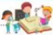 Ilustración de estudiantes trabajando con un libro.