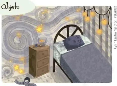 Ilustración de un cuarto con cama y buró, ejemplo de informar sobre un objeto/vivienda