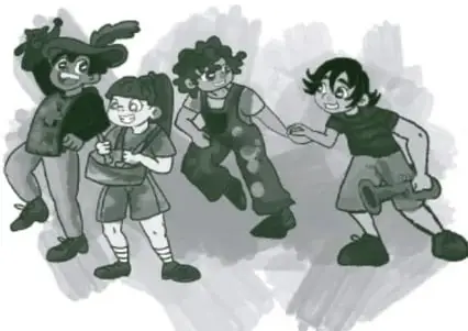 Ilustración de cuatro niños jugando y corriendo, uno de ellos con un dispositivo en la mano, en un ambiente escolar o comunitario.
