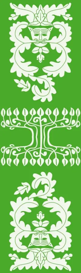 Tres ornamentos vegetales y antropomorfos en blanco sobre fondo verde: un rompecabezas con rostro humano, un árbol estilizado con raíces y una figura decorativa con rostro.