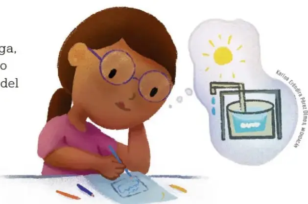Niña dibujando el prototipo de un desalinizador de agua.