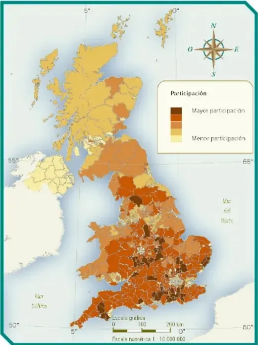 Mapa del Reino Unido con los niveles de participación electoral, usando tonos oscuros para mayor participación y claros para menor participación.