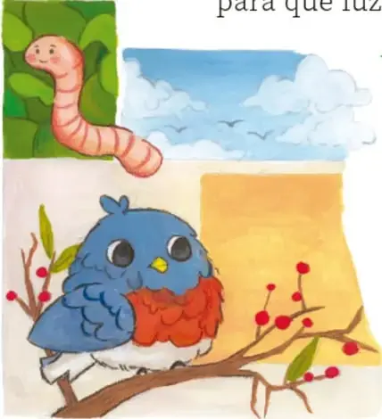 Ilustración de una lombriz rosa entre hojas verdes, nubes y un pájulo azul y naranja posado en una rama con bayas rojas.