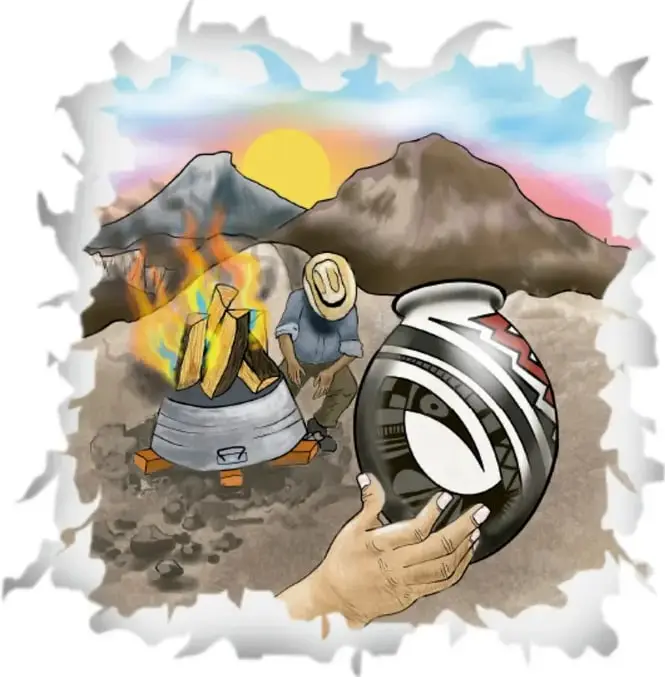 Ilustración (crédito: Omar Torres Jáuregui, CIUR/UNAM) que muestra una mano sosteniendo una vasija de barro decorada, junto a una alfarera junto al fuego y montañas con amanecer, representando el patrimonio biocultural y las prácticas ancestrales.