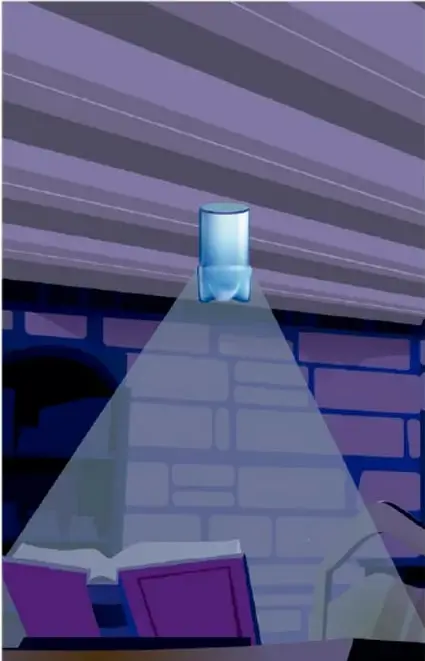 Botella PET instalada en el techo proyectando un haz de luz en forma de triángulo sobre una mesa con libros abiertos.